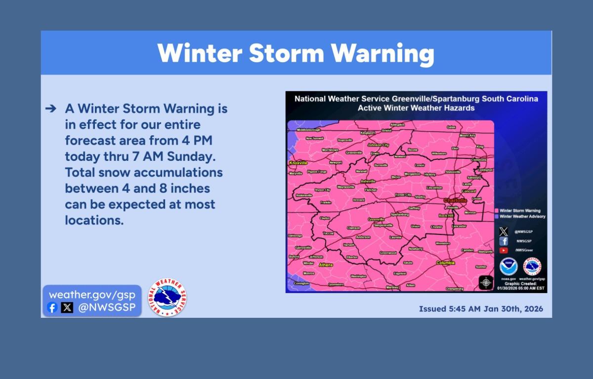 A winter storm warning has been issued for the entire area. Accumulating snow, some of which could be heavy, will start over the mountains this afternoon, according to the National Weather Service.
