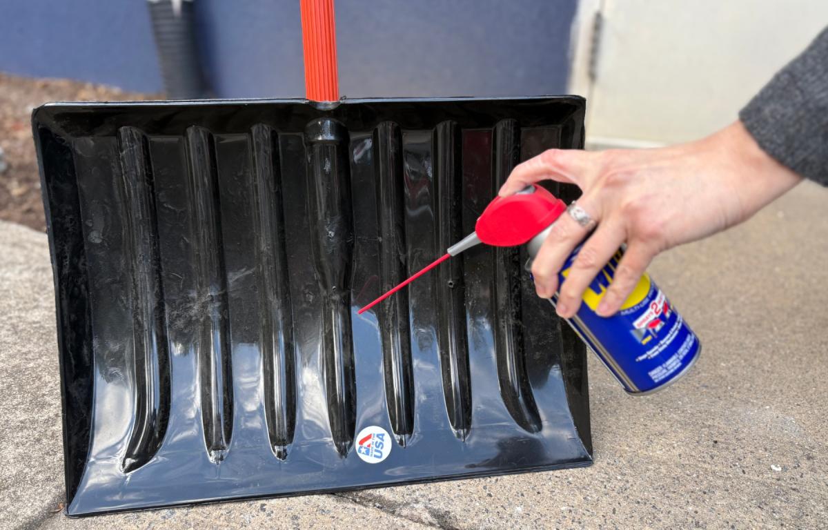 Spray cooking spray or WD-40 on shovel blades and car windows to keep snow from sticking.