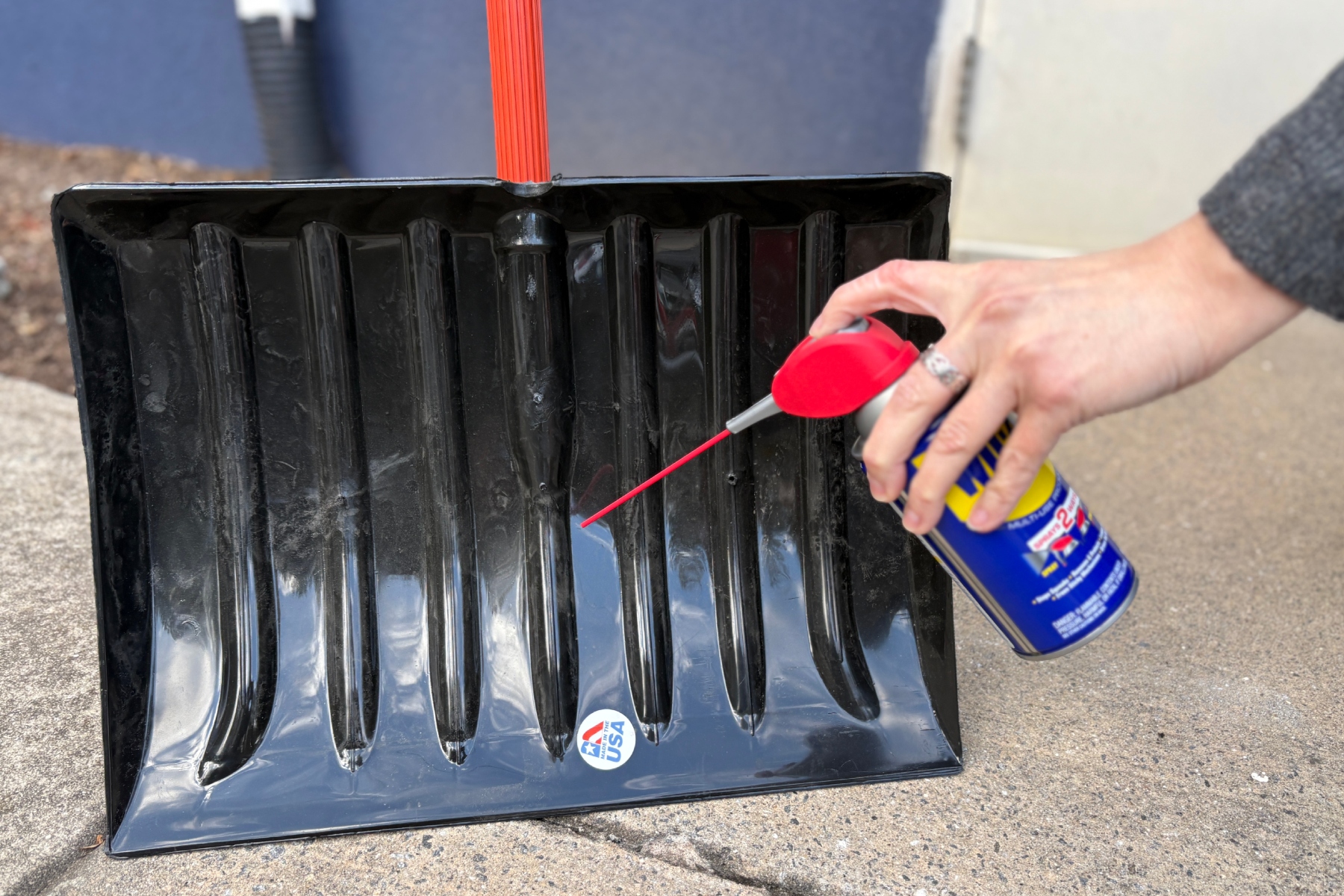 Spray cooking spray or WD-40 on shovel blades and car windows to keep snow from sticking.