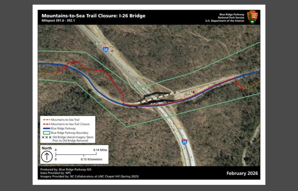 A small section of the Mountains-to-Sea Trail near the Interstate 26 bridge in Asheville is temporarily closed because of nearby construction