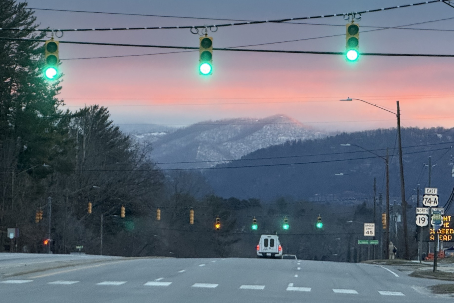 Tuesday sunrise seen from Patton Avenue in Asheville