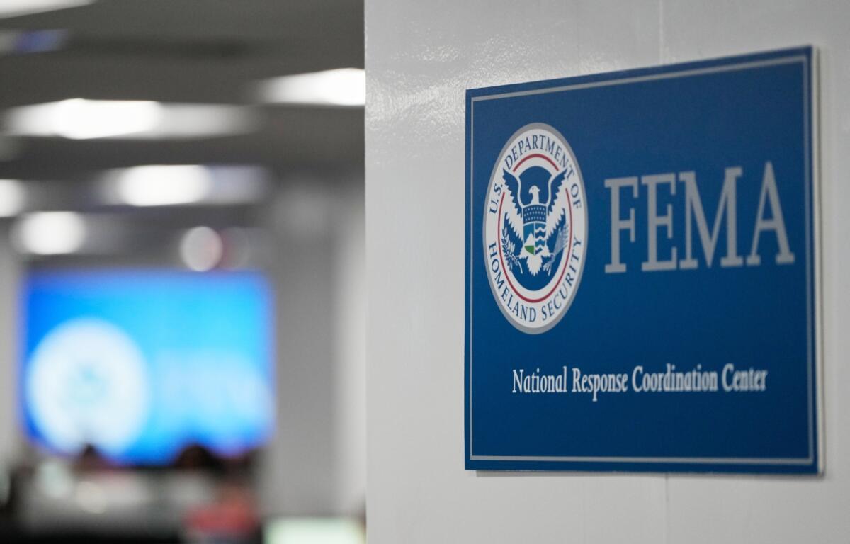 A sign is seen at the Federal Emergency Management Agency headquarters Saturday, Jan. 24, 2026, in Washington. (AP Photo/Julia Demaree Nikhinson)