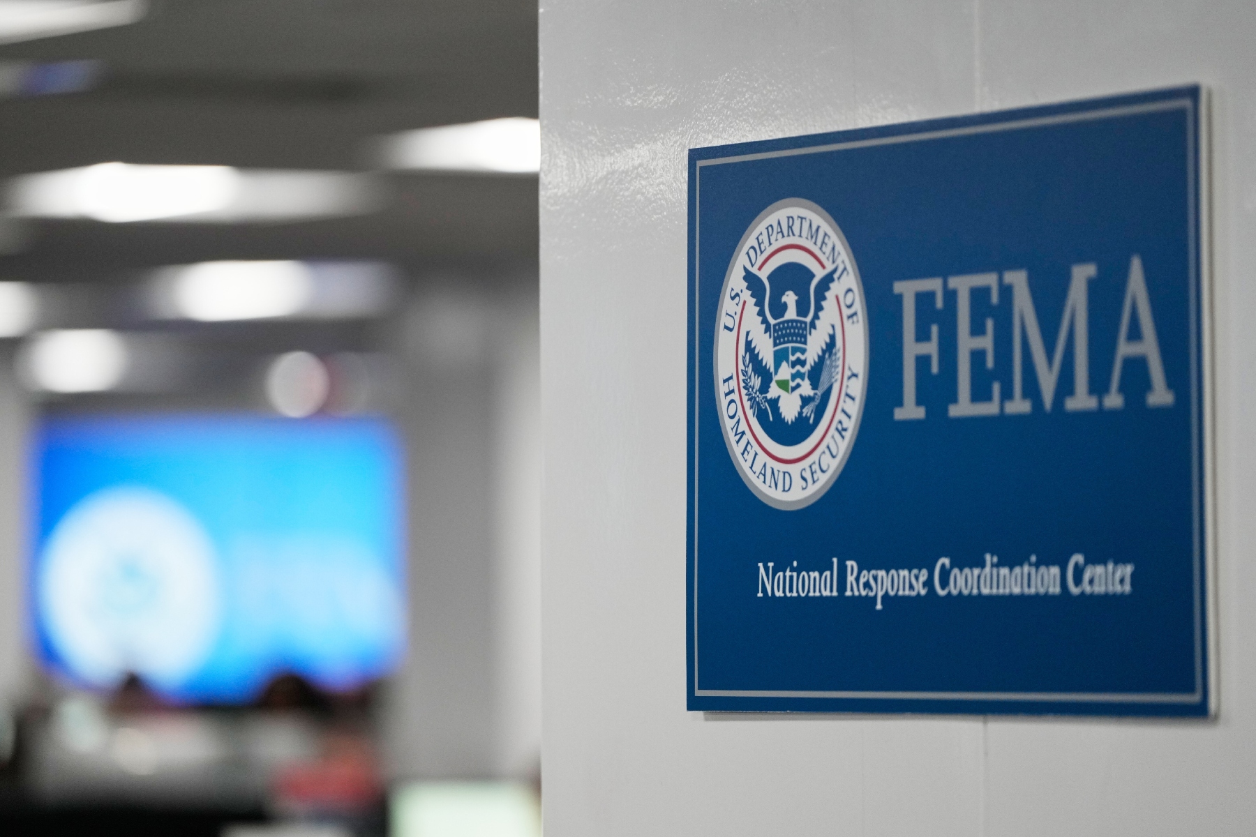 A sign is seen at the Federal Emergency Management Agency headquarters Saturday, Jan. 24, 2026, in Washington. (AP Photo/Julia Demaree Nikhinson)