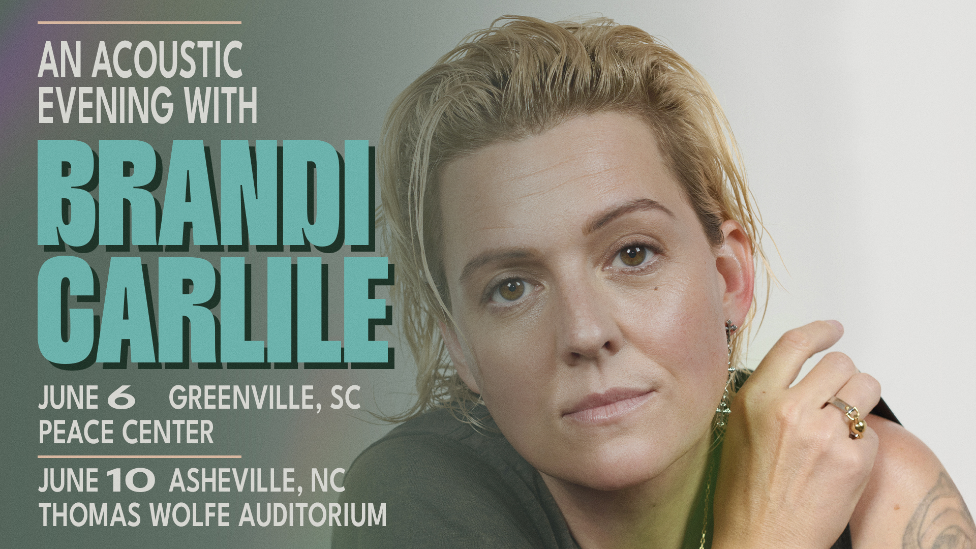 Event poster for Brandi Carlile's acoustic evening: close-up photo on the right, bold teal text on the left with dates and venues.
