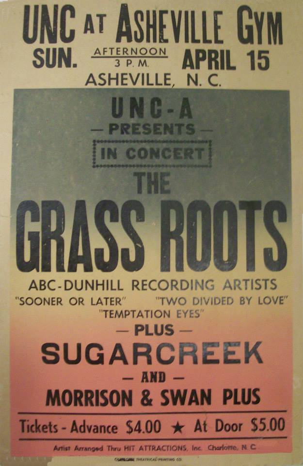Poster for a UNC Asheville concert featuring The Grass Roots with Sugarcreek and Morrison & Swan; Asheville, NC; tickets $4–$5.