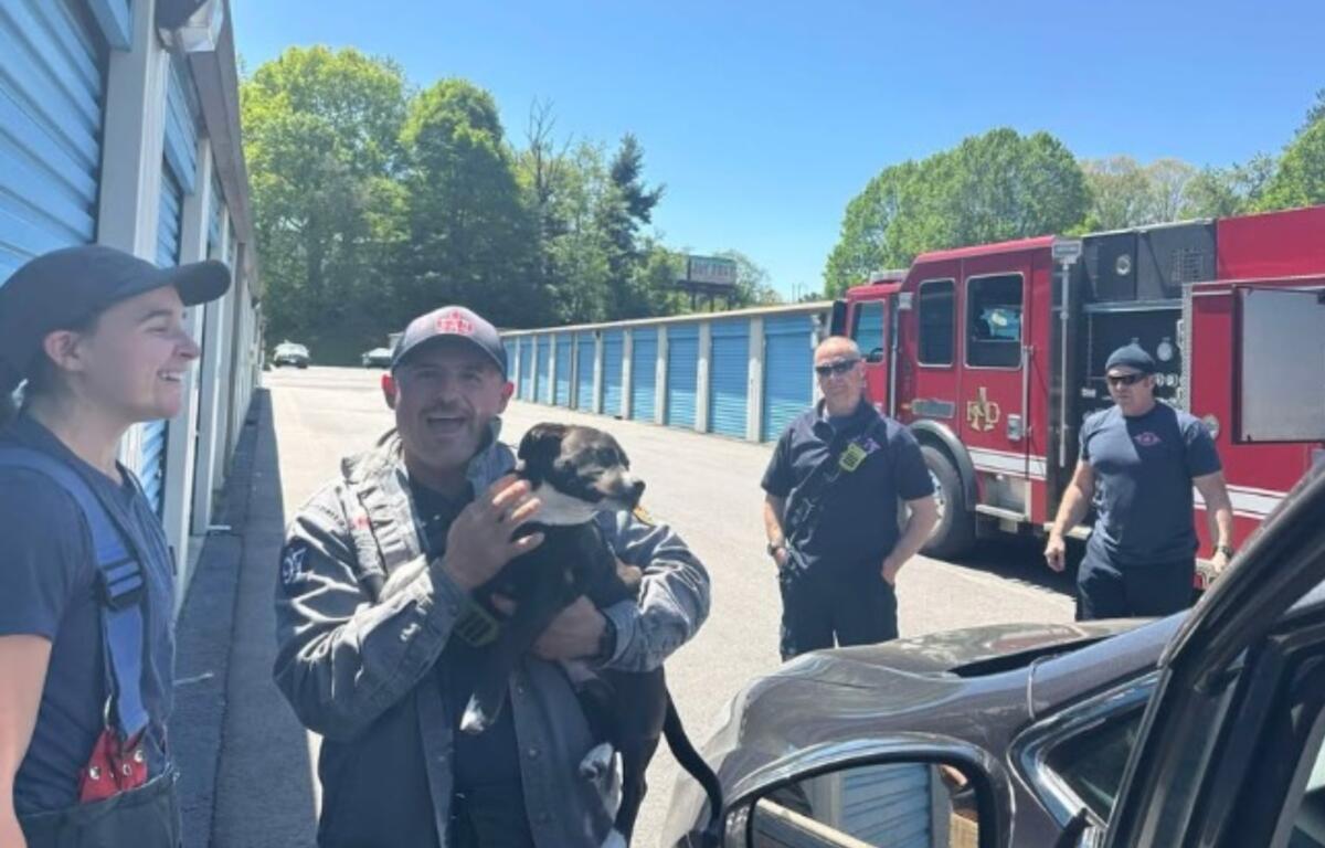 Group of firefighters outside a row of blue storage units; a man in uniform holds a black-and-tan dog, while a red fire truck is parked in the background.