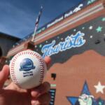 Close-up of a baseball with the HomeTrust Park Opening Day logo and date, held in front of a brick stadium wall.