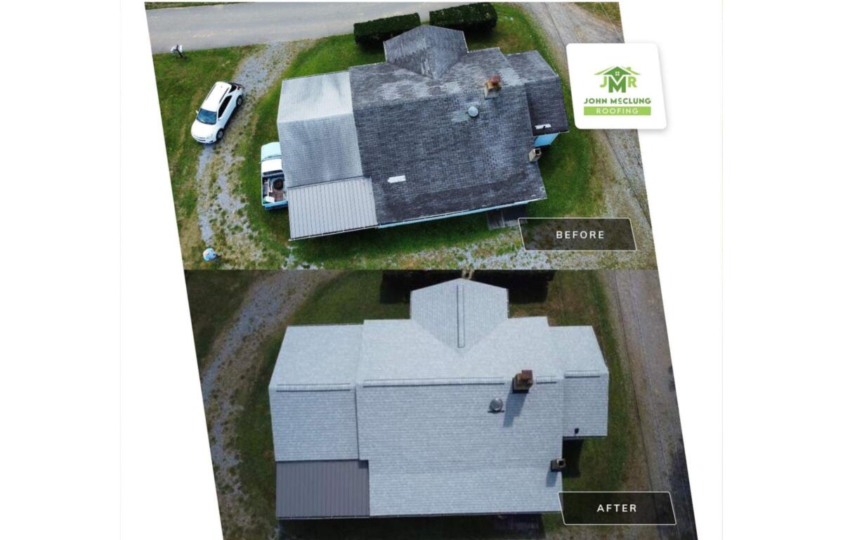 Aerial split-screen of a house roof renovation: top shows before, bottom after, with a JMR Roofing badge in the corner.