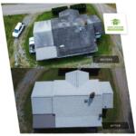 Aerial split-screen of a house roof renovation: top shows before, bottom after, with a JMR Roofing badge in the corner.
