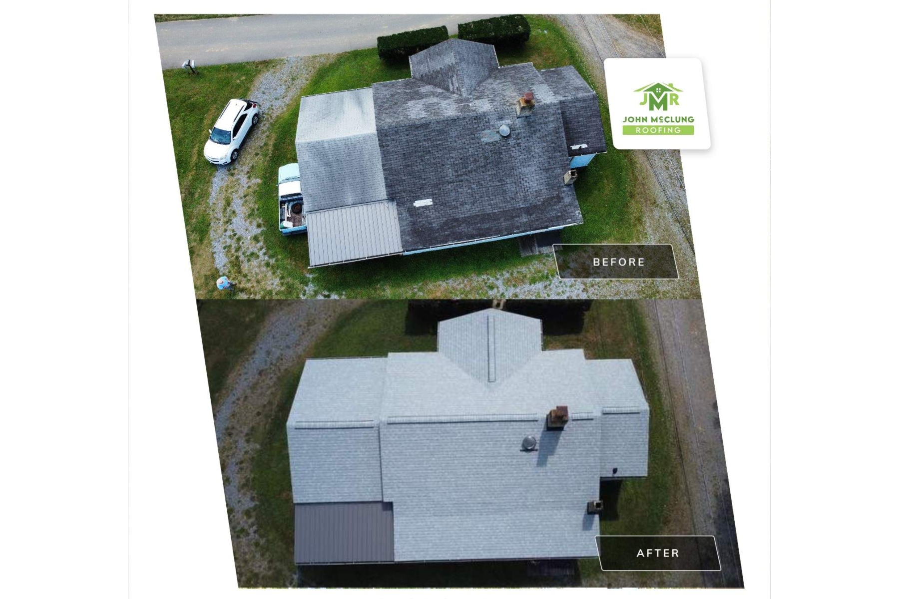 Aerial split-screen of a house roof renovation: top shows before, bottom after, with a JMR Roofing badge in the corner.