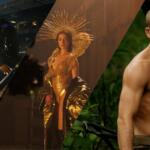 Tri-panel collage showing: a male singer performing on stage, a gold-clad woman wearing an ornate crown, and a shirtless man outdoors.