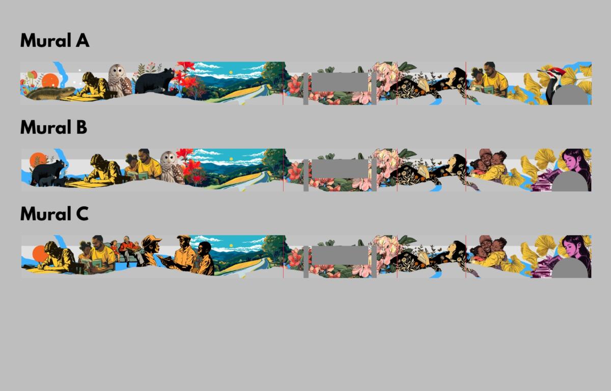 Three horizontal murals A–C on a gray wall, each a colorful collage of people, nature, and animals.