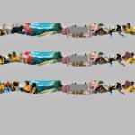 Three horizontal murals A–C on a gray wall, each a colorful collage of people, nature, and animals.