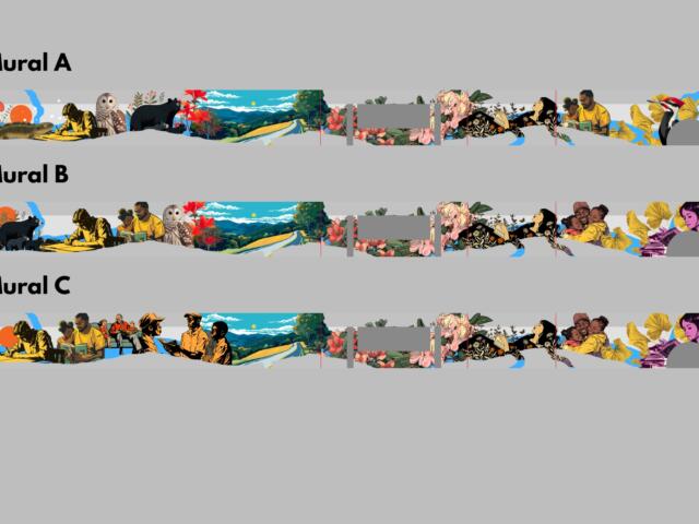 Three horizontal murals A–C on a gray wall, each a colorful collage of people, nature, and animals.