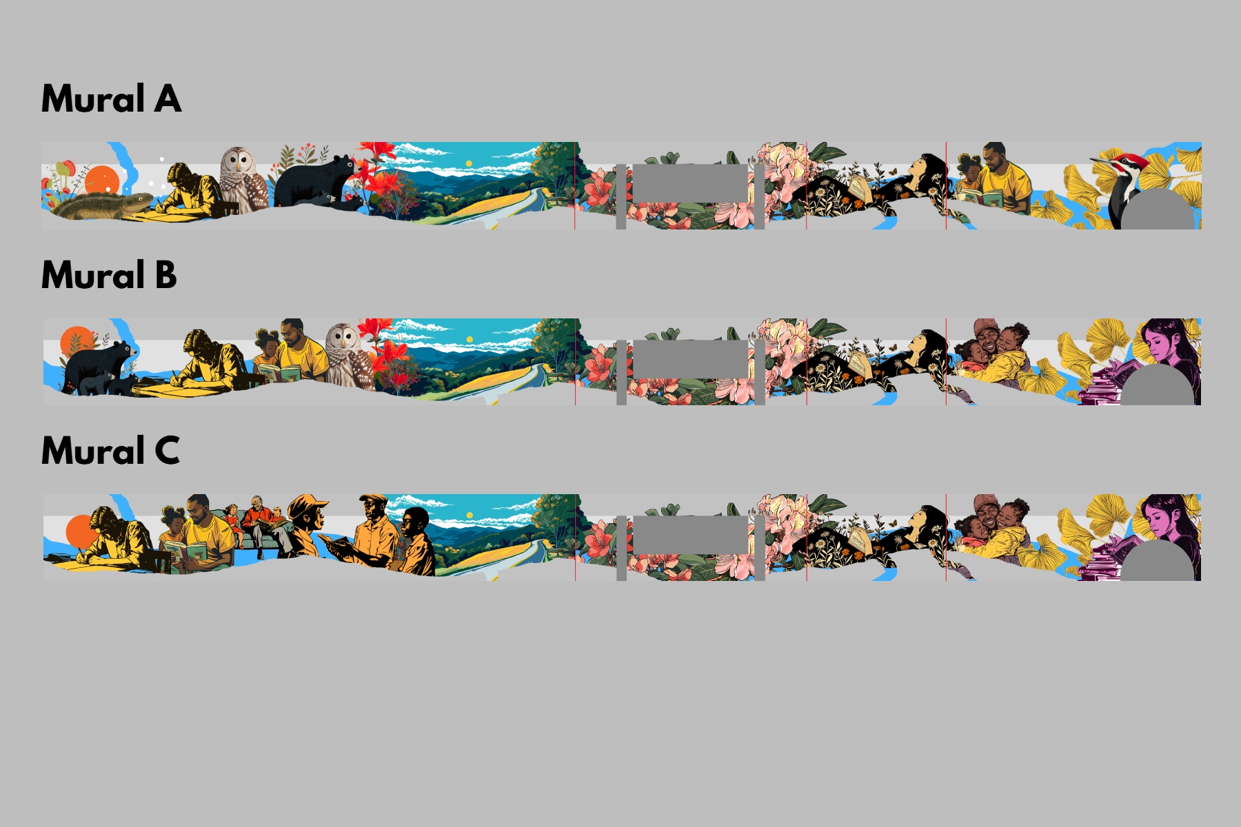 Three horizontal murals A–C on a gray wall, each a colorful collage of people, nature, and animals.