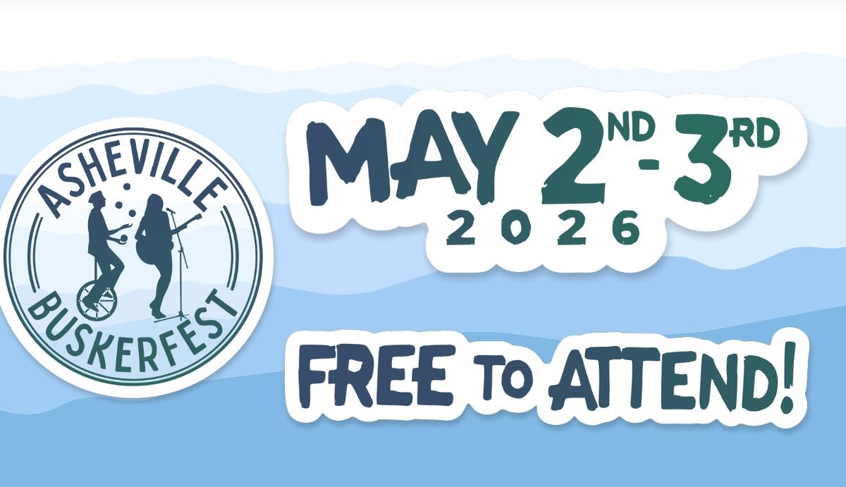 Asheville BuskerFest banner with circular logo on left, bold dates May 2–3, 2026, and 'Free to Attend' text on a blue wave background.