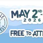 Asheville BuskerFest banner with circular logo on left, bold dates May 2–3, 2026, and 'Free to Attend' text on a blue wave background.