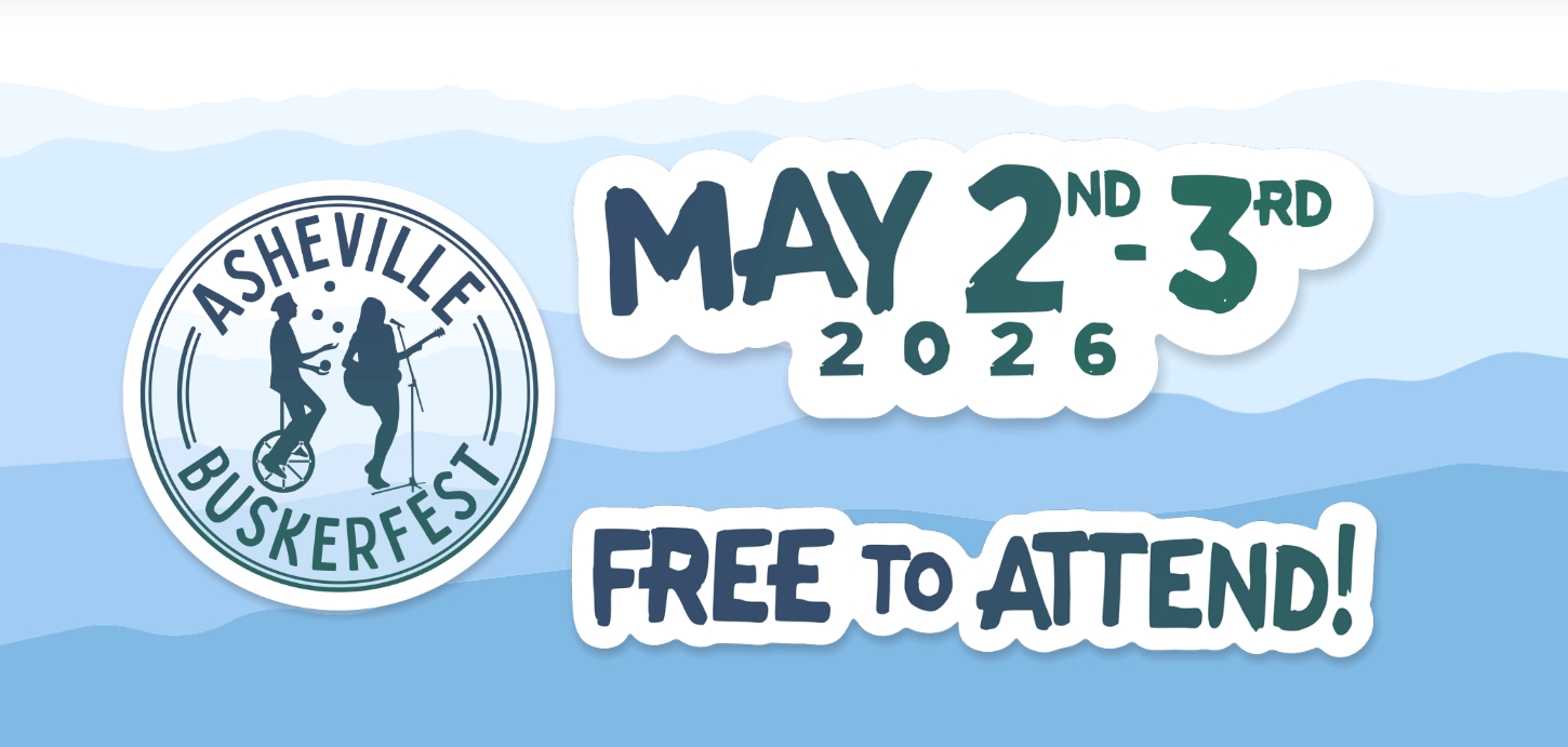 Asheville BuskerFest banner with circular logo on left, bold dates May 2–3, 2026, and 'Free to Attend' text on a blue wave background.