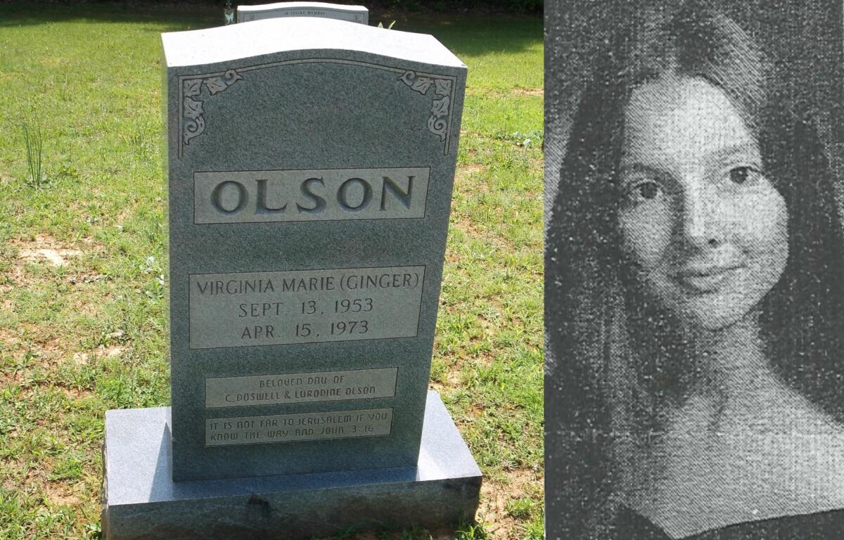 Gravestone reading OLSON in a cemetery; inscription for Virginia Marie (Ginger) Sept. 13, 1953 – Apr. 15, 1973, with decorative top edge and grassy background.