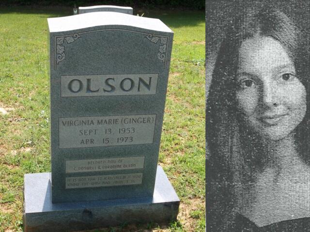 Gravestone reading OLSON in a cemetery; inscription for Virginia Marie (Ginger) Sept. 13, 1953 – Apr. 15, 1973, with decorative top edge and grassy background.