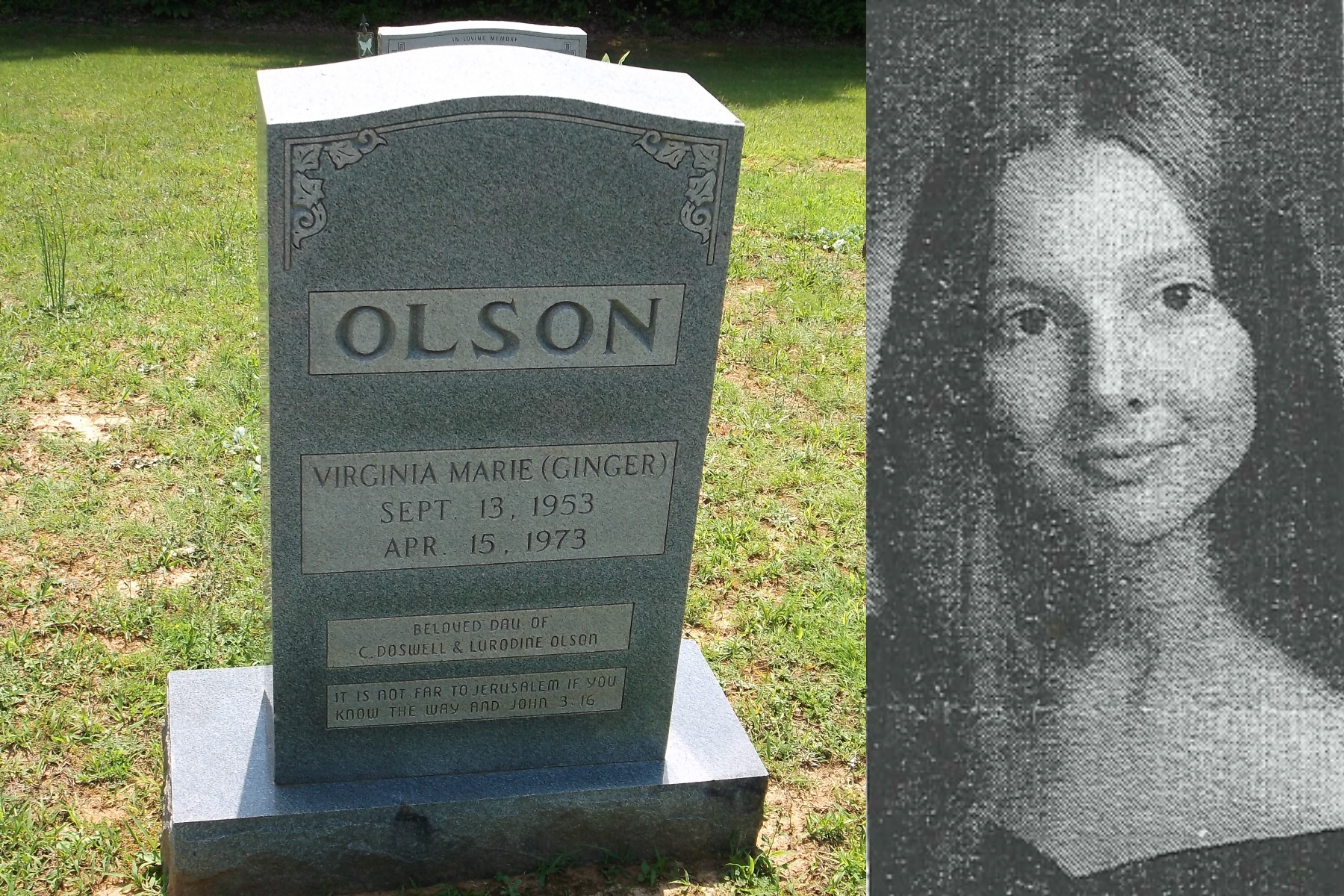 Gravestone reading OLSON in a cemetery; inscription for Virginia Marie (Ginger) Sept. 13, 1953 – Apr. 15, 1973, with decorative top edge and grassy background.
