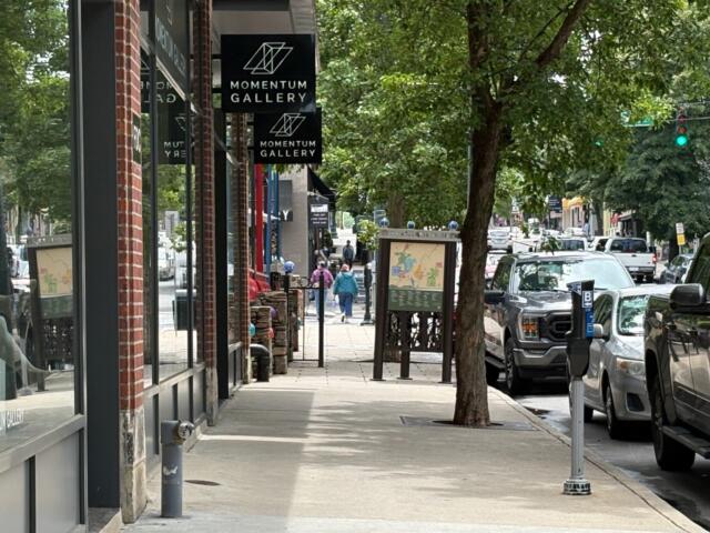 Urban sidewalk with Momentum Gallery signs, brick storefronts, and trees; pedestrians walk along the sunny street.