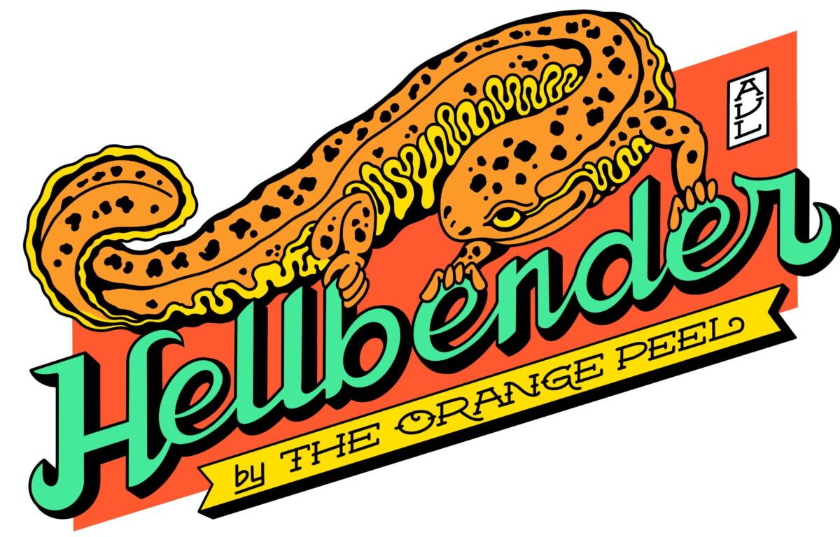 Cartoon hot dog on an orange banner with teal script lettering, part of a retro brand logo.