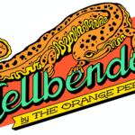 Cartoon hot dog on an orange banner with teal script lettering, part of a retro brand logo.