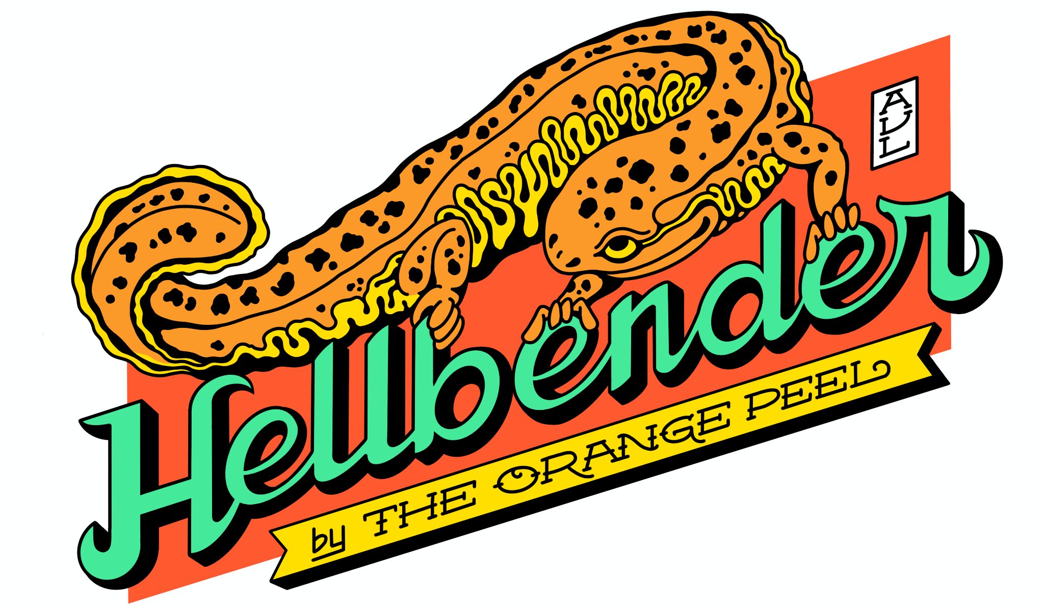 Cartoon hot dog on an orange banner with teal script lettering, part of a retro brand logo.