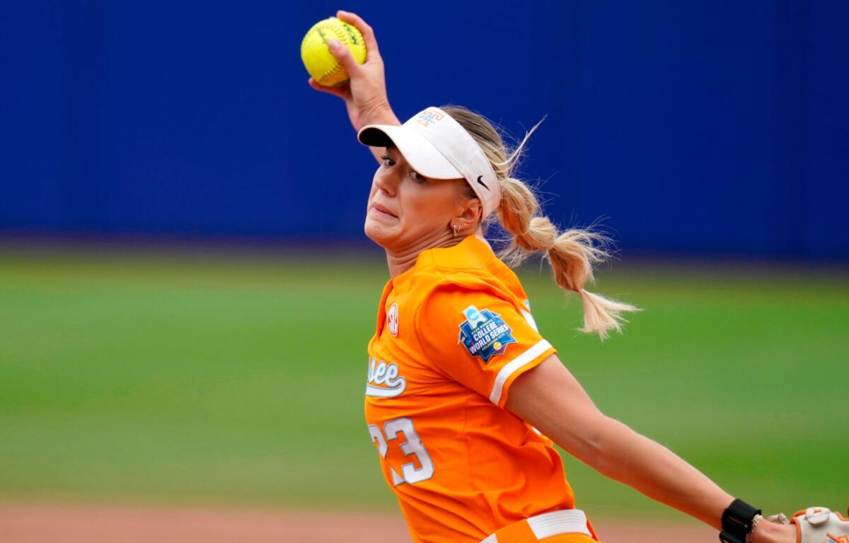 FILE - Tennessee starting pitcher/relief pitcher Karlyn Pickens (23) during an NCAA softball Women's College World Series game, Thursday, May 29, 2025 in Oklahoma City. (AP Photo/Vera Nieuwenhuis,File)