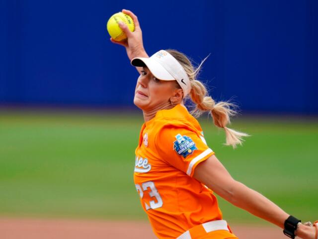 FILE - Tennessee starting pitcher/relief pitcher Karlyn Pickens (23) during an NCAA softball Women's College World Series game, Thursday, May 29, 2025 in Oklahoma City. (AP Photo/Vera Nieuwenhuis,File)