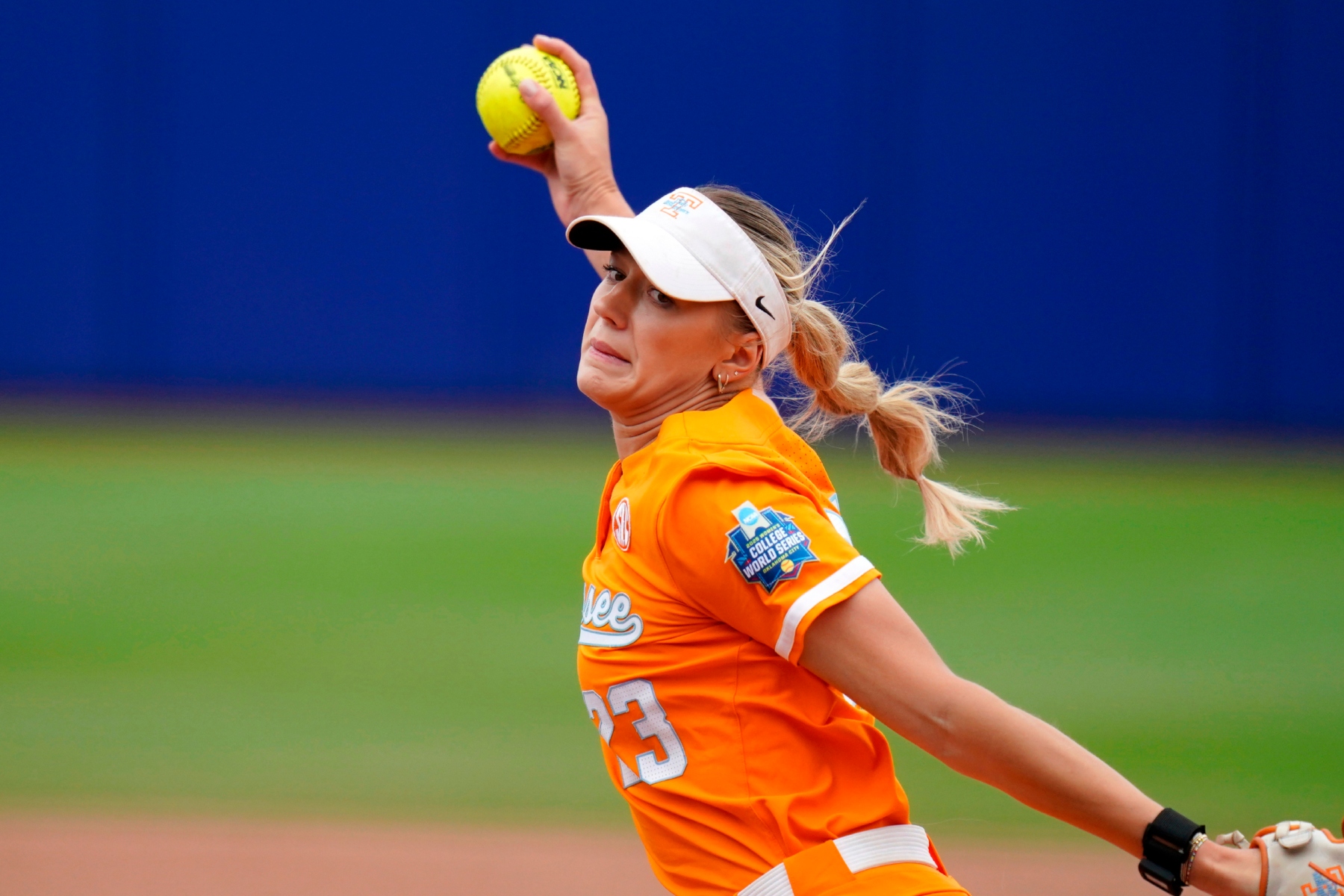 FILE - Tennessee starting pitcher/relief pitcher Karlyn Pickens (23) during an NCAA softball Women's College World Series game, Thursday, May 29, 2025 in Oklahoma City. (AP Photo/Vera Nieuwenhuis,File)
