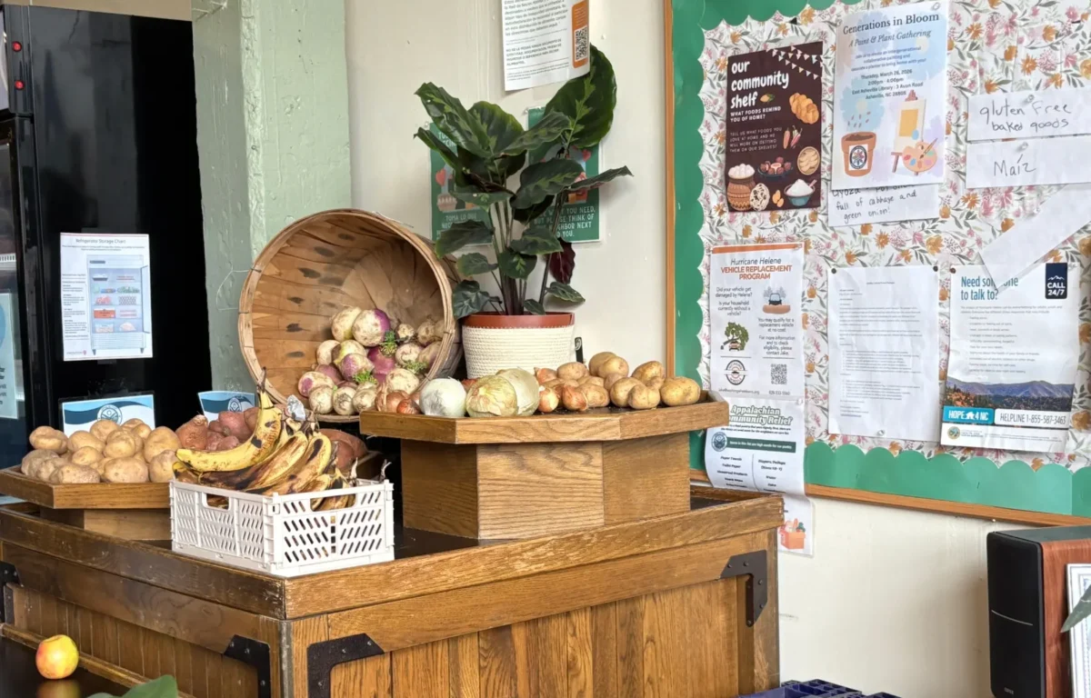 Wooden market stand with baskets of onions and potatoes, bananas, and a potted plant beside a bulletin board of posters.