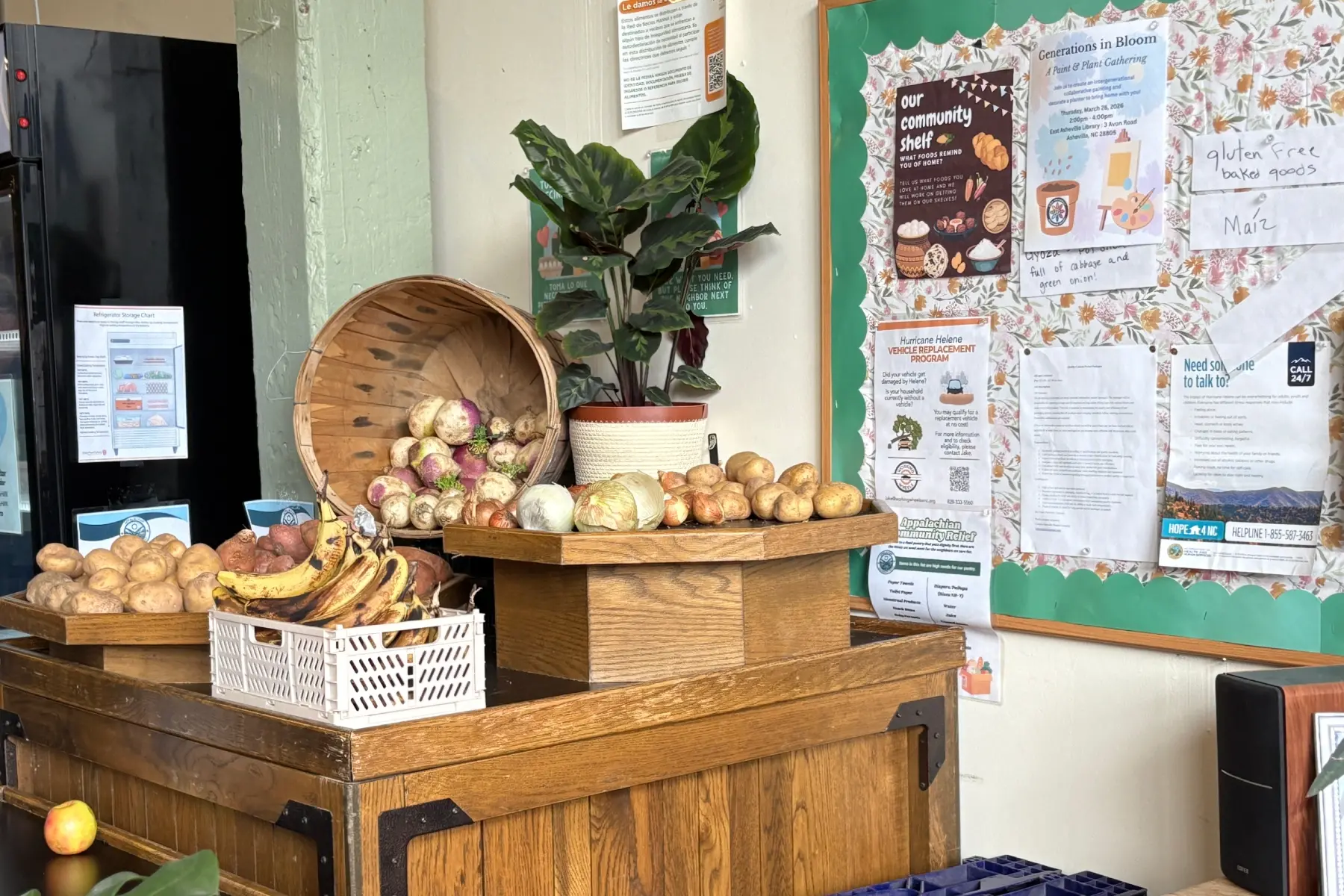 Wooden market stand with baskets of onions and potatoes, bananas, and a potted plant beside a bulletin board of posters.
