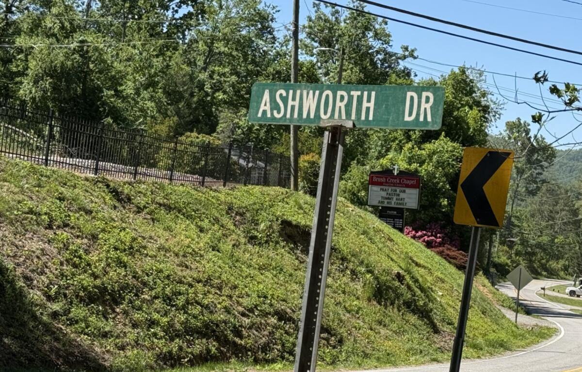 Ashworth Dr street sign on a sloped grassy verge with a chevron warning sign and trees in the background.