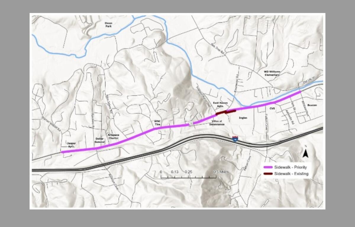 Map of a town showing a proposed sidewalk route in purple (priority) along a highway, with an existing sidewalk in maroon and blue water features nearby.