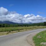 Paved country road with a wooden fence, green fields, and distant hills under a bright blue sky and white clouds.