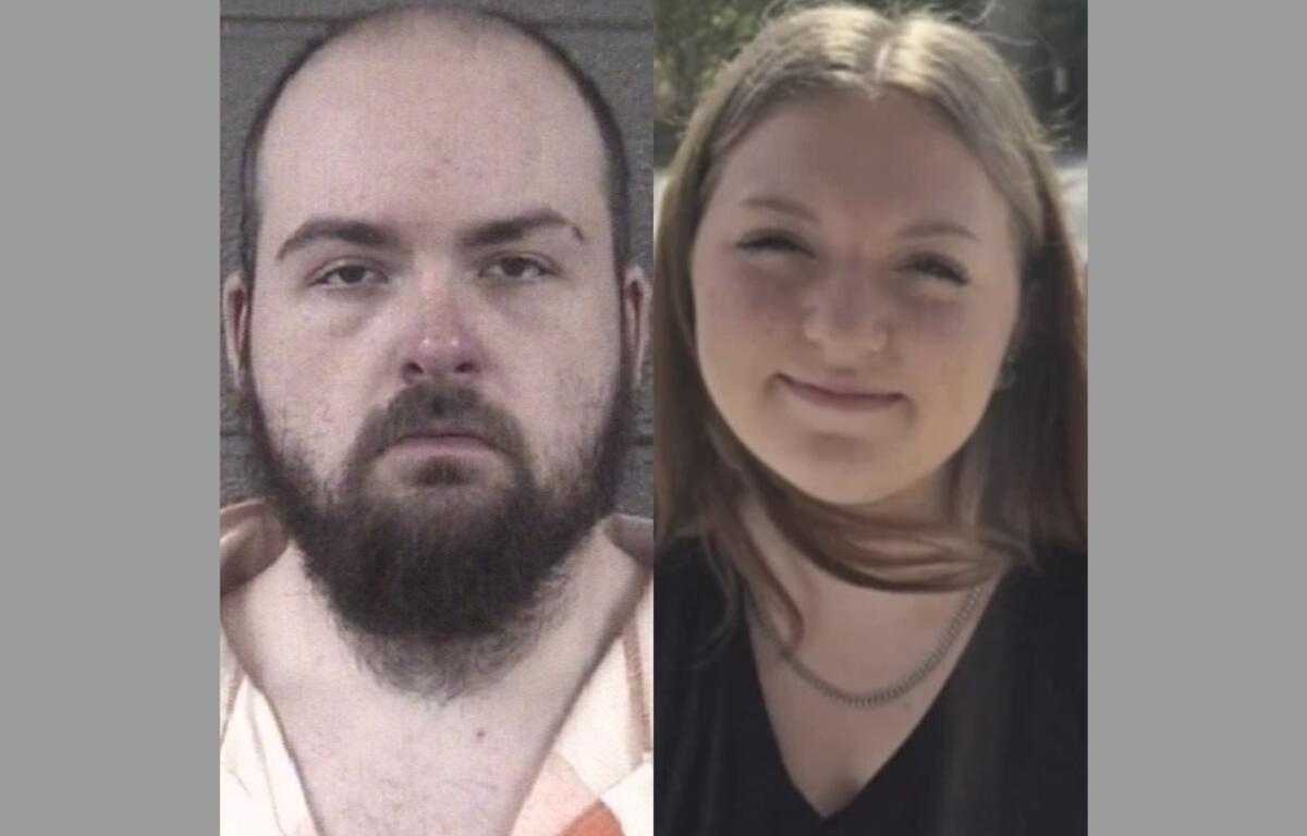 Side-by-side headshots: left a man with a beard and receding hairline in an orange prison shirt; right a smiling woman with light brown hair outdoors.