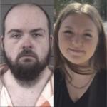 Side-by-side headshots: left a man with a beard and receding hairline in an orange prison shirt; right a smiling woman with light brown hair outdoors.