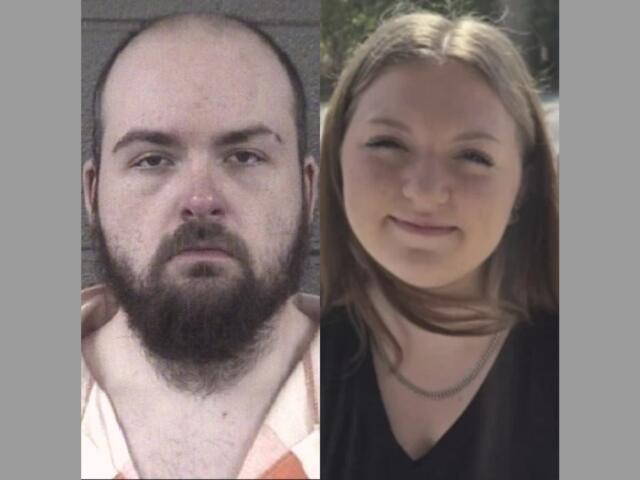 Side-by-side headshots: left a man with a beard and receding hairline in an orange prison shirt; right a smiling woman with light brown hair outdoors.