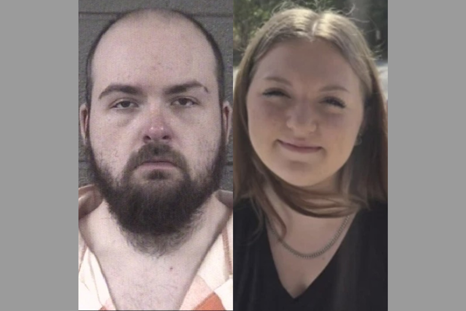 Side-by-side headshots: left a man with a beard and receding hairline in an orange prison shirt; right a smiling woman with light brown hair outdoors.