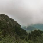 Rocky mountain ridge with dense evergreen forest and misty clouds rolling over the valley below.
