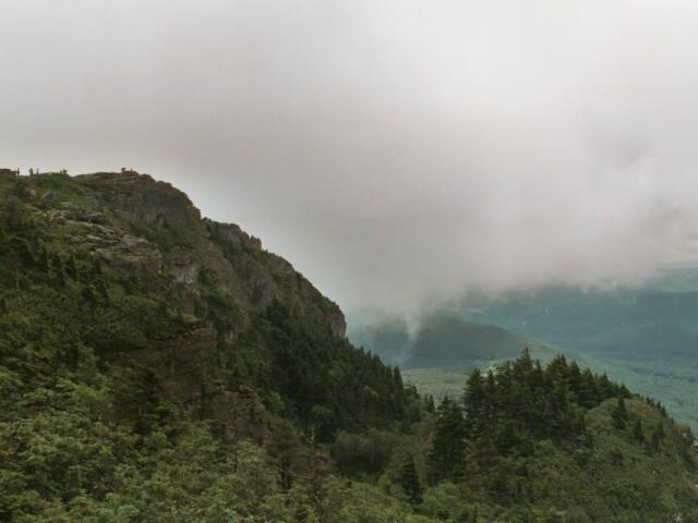 Rocky mountain ridge with dense evergreen forest and misty clouds rolling over the valley below.