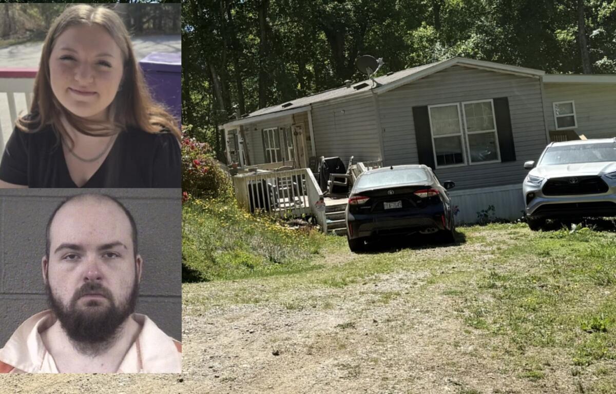 Collage: two mugshots (woman top, bearded man bottom) on the left, and a single-story house with two cars parked in front on the right.