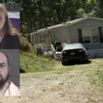 Collage: two mugshots (woman top, bearded man bottom) on the left, and a single-story house with two cars parked in front on the right.