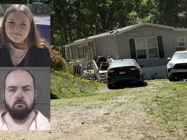 Collage: two mugshots (woman top, bearded man bottom) on the left, and a single-story house with two cars parked in front on the right.