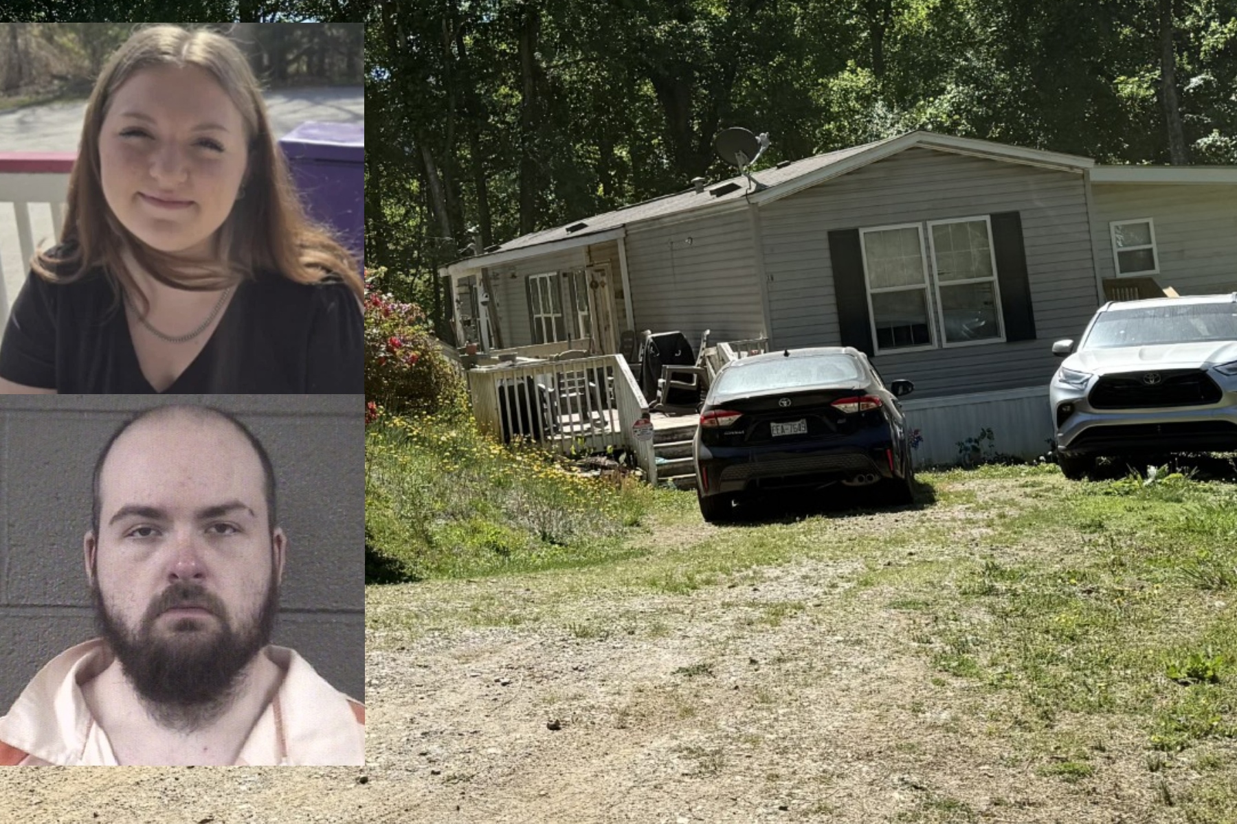 Collage: two mugshots (woman top, bearded man bottom) on the left, and a single-story house with two cars parked in front on the right.