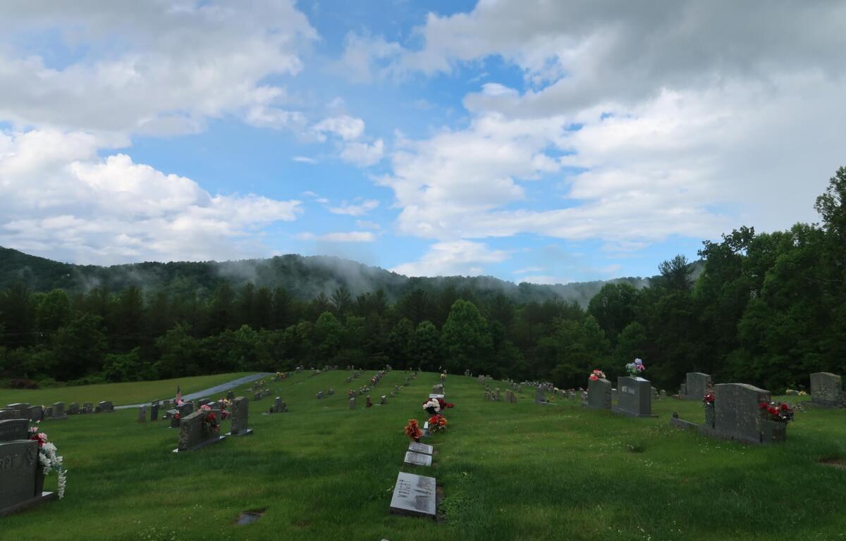 Graveyard with rows of headstones on a grassy slope, trees in the background under a partly cloudy blue sky.