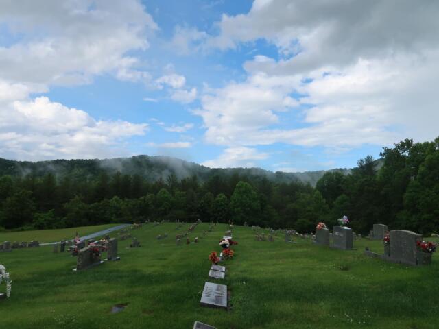 Graveyard with rows of headstones on a grassy slope, trees in the background under a partly cloudy blue sky.