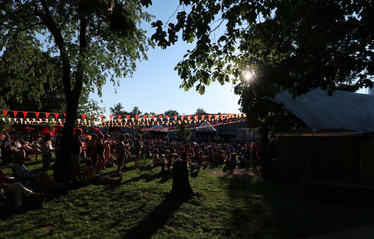 Outdoor festival with a crowd seated on grass under colorful bunting, trees providing shade and a bright blue sky.